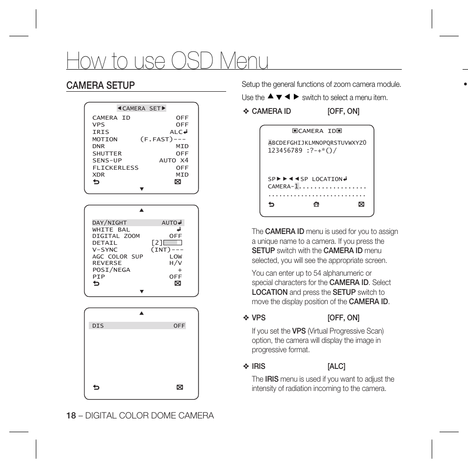 How to use osd menu, Camera setup, Cdef | Samsung DOME SCC-B5369 User Manual | Page 18 / 146