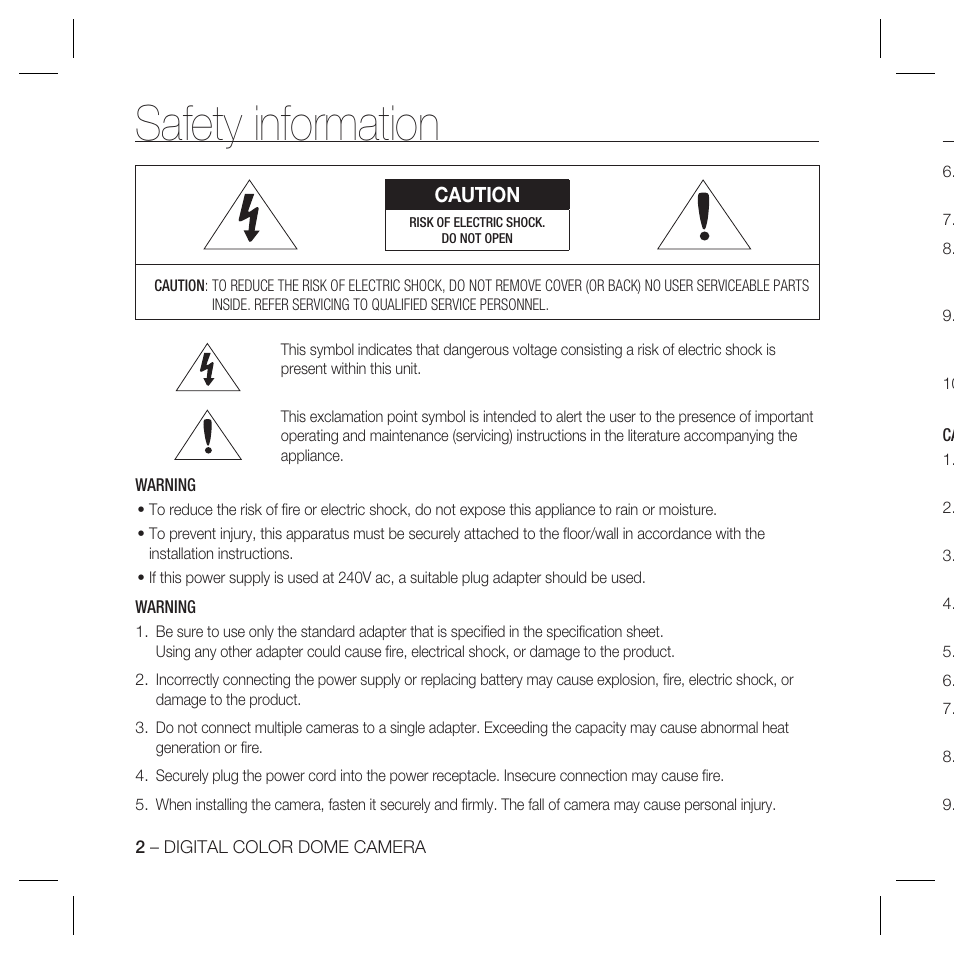 Safety information, Caution | Samsung DOME SCC-B5369 User Manual | Page 2 / 146