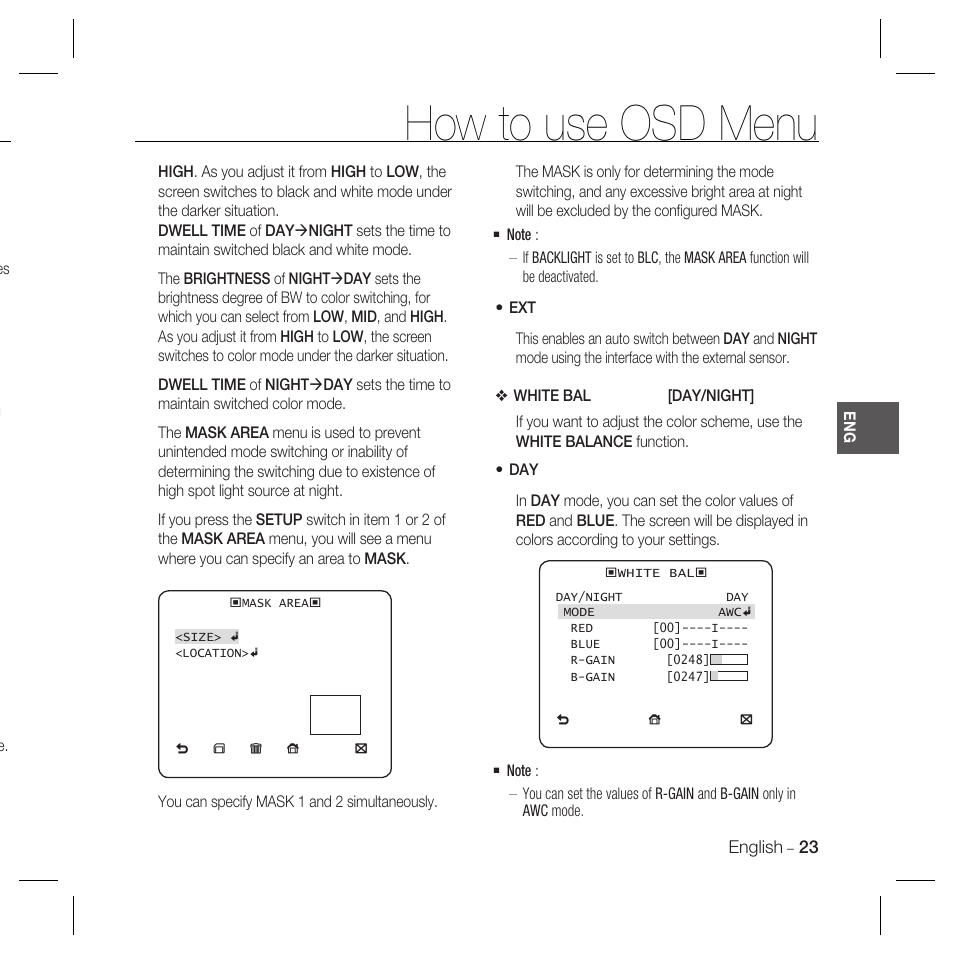 How to use osd menu | Samsung DOME SCC-B5369 User Manual | Page 23 / 146