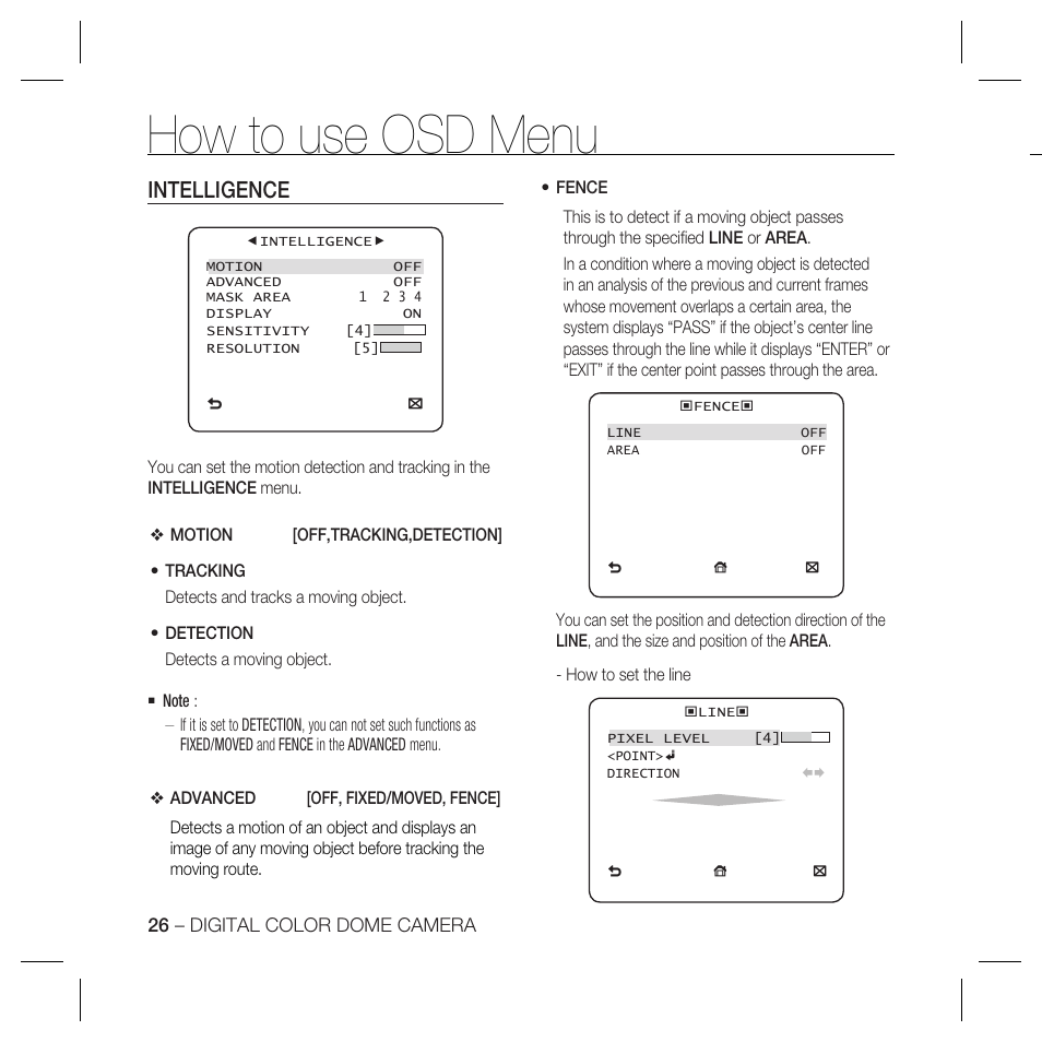 How to use osd menu, Intelligence | Samsung DOME SCC-B5369 User Manual | Page 26 / 146