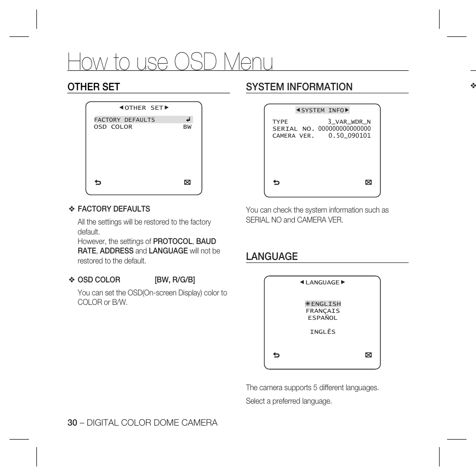 How to use osd menu, Other set, System information | Language | Samsung DOME SCC-B5369 User Manual | Page 30 / 146