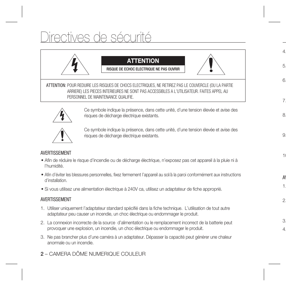 Directives de sécurité, Attention | Samsung DOME SCC-B5369 User Manual | Page 38 / 146