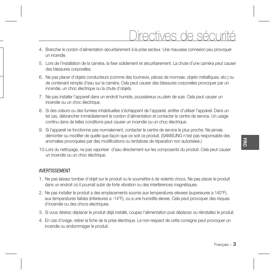 Directives de sécurité | Samsung DOME SCC-B5369 User Manual | Page 39 / 146