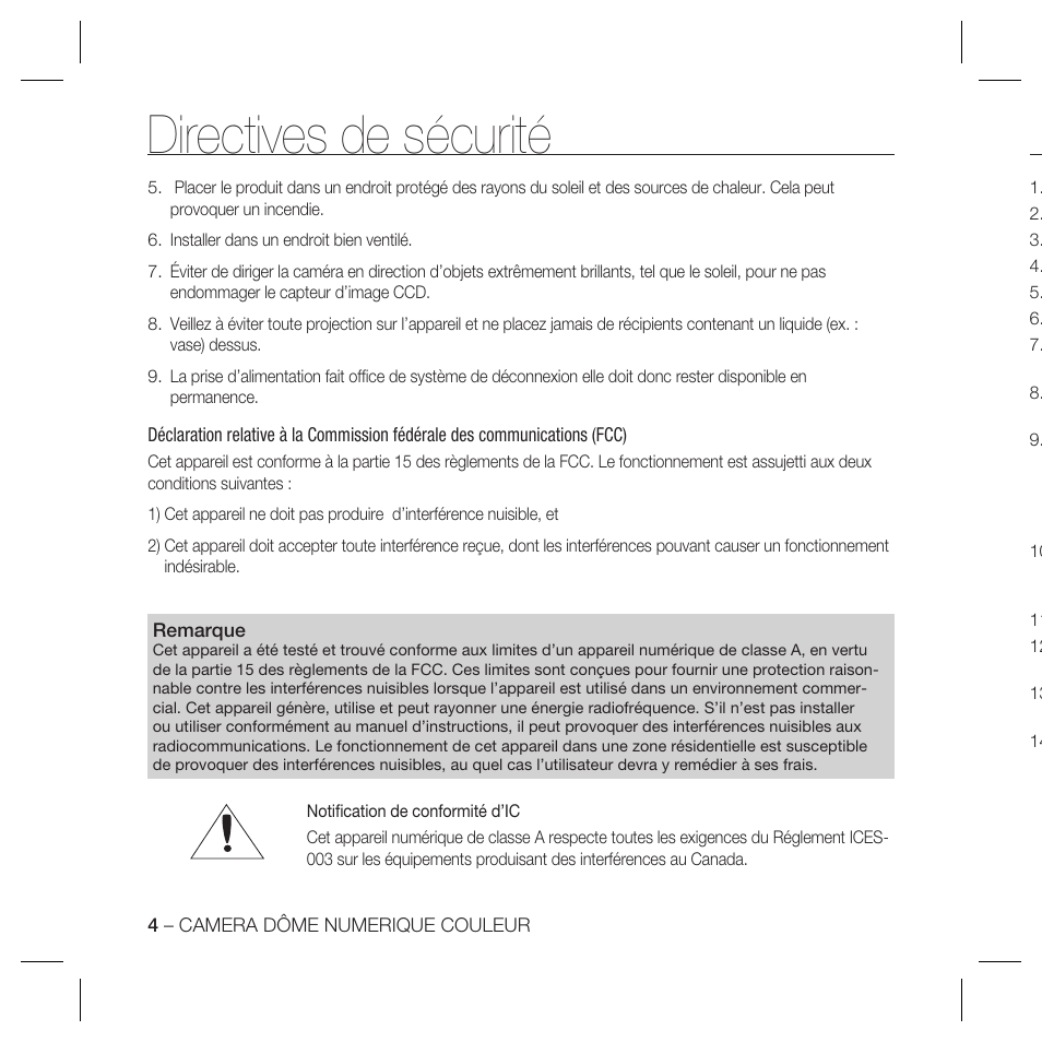 Directives de sécurité | Samsung DOME SCC-B5369 User Manual | Page 40 / 146