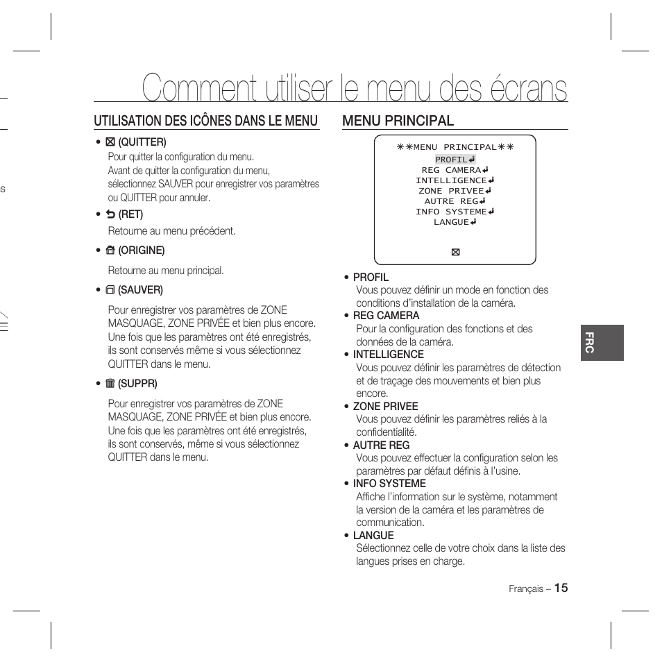 Comment utiliser le menu des écrans, Utilisation des icônes dans le menu, Menu principal | Samsung DOME SCC-B5369 User Manual | Page 51 / 146