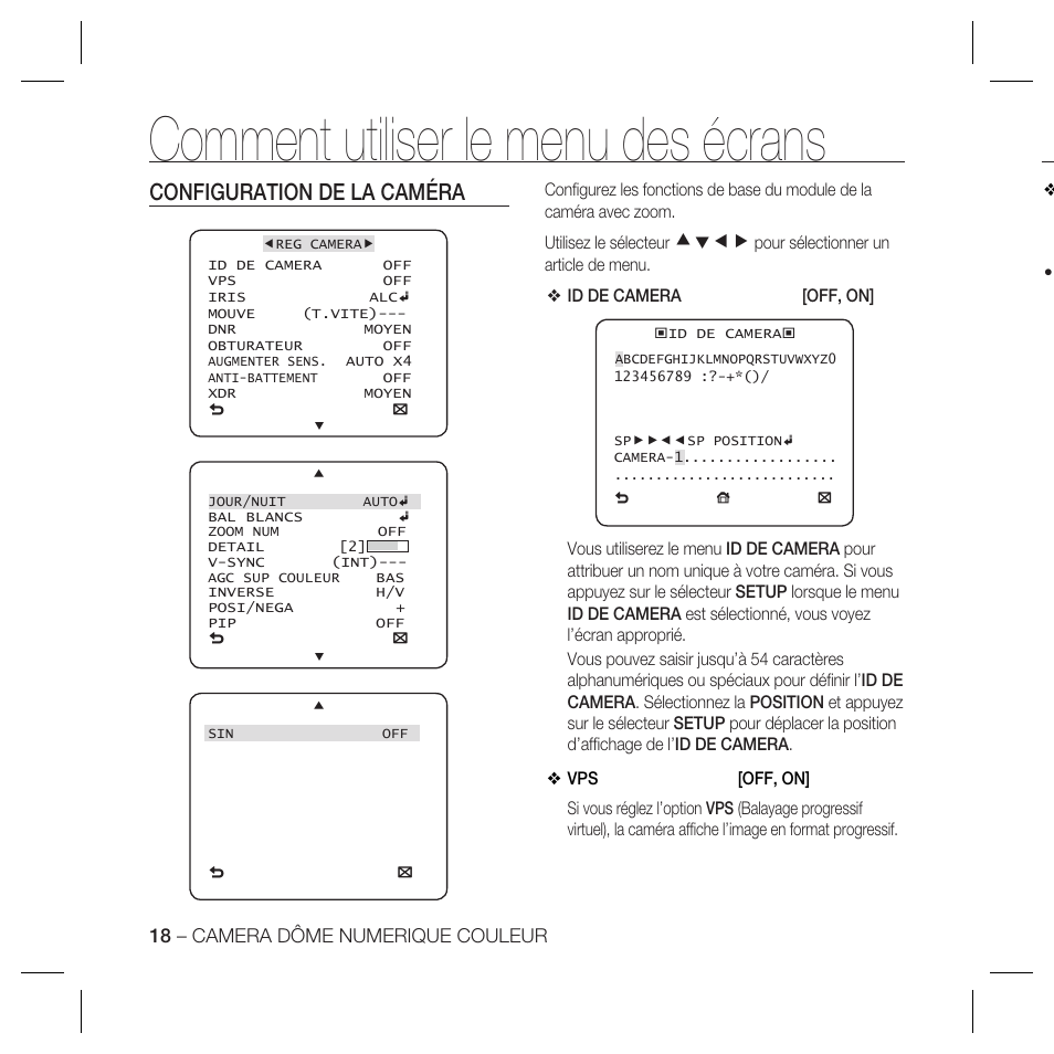 Comment utiliser le menu des écrans, Configuration de la caméra, Cdef | Samsung DOME SCC-B5369 User Manual | Page 54 / 146
