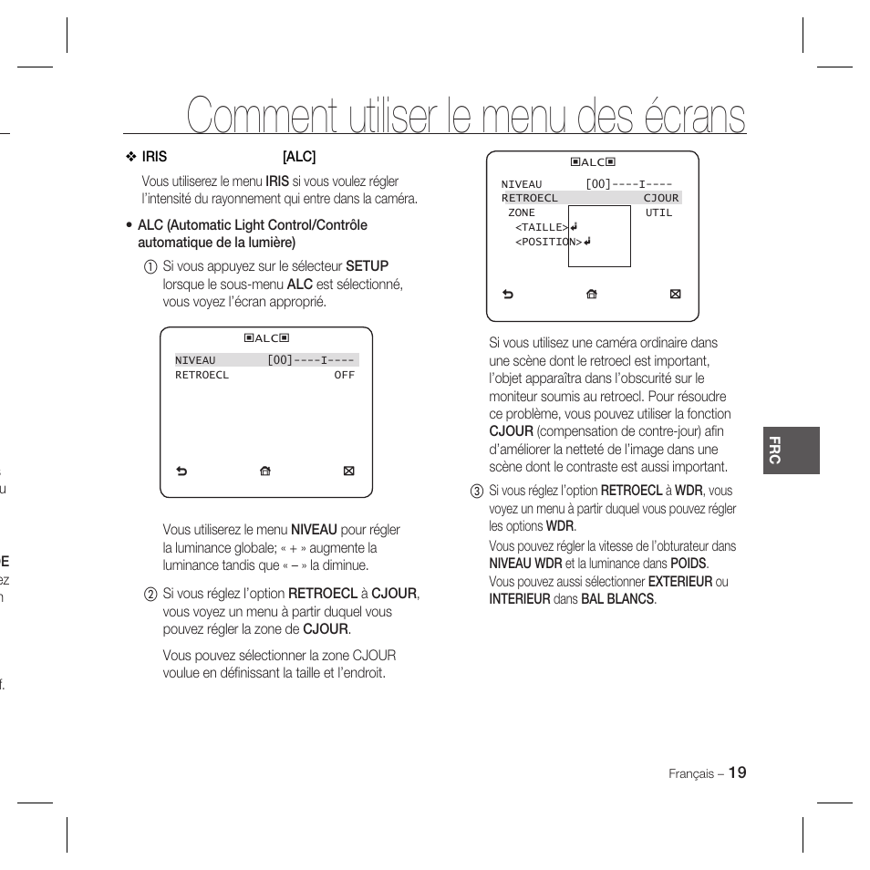 Comment utiliser le menu des écrans | Samsung DOME SCC-B5369 User Manual | Page 55 / 146