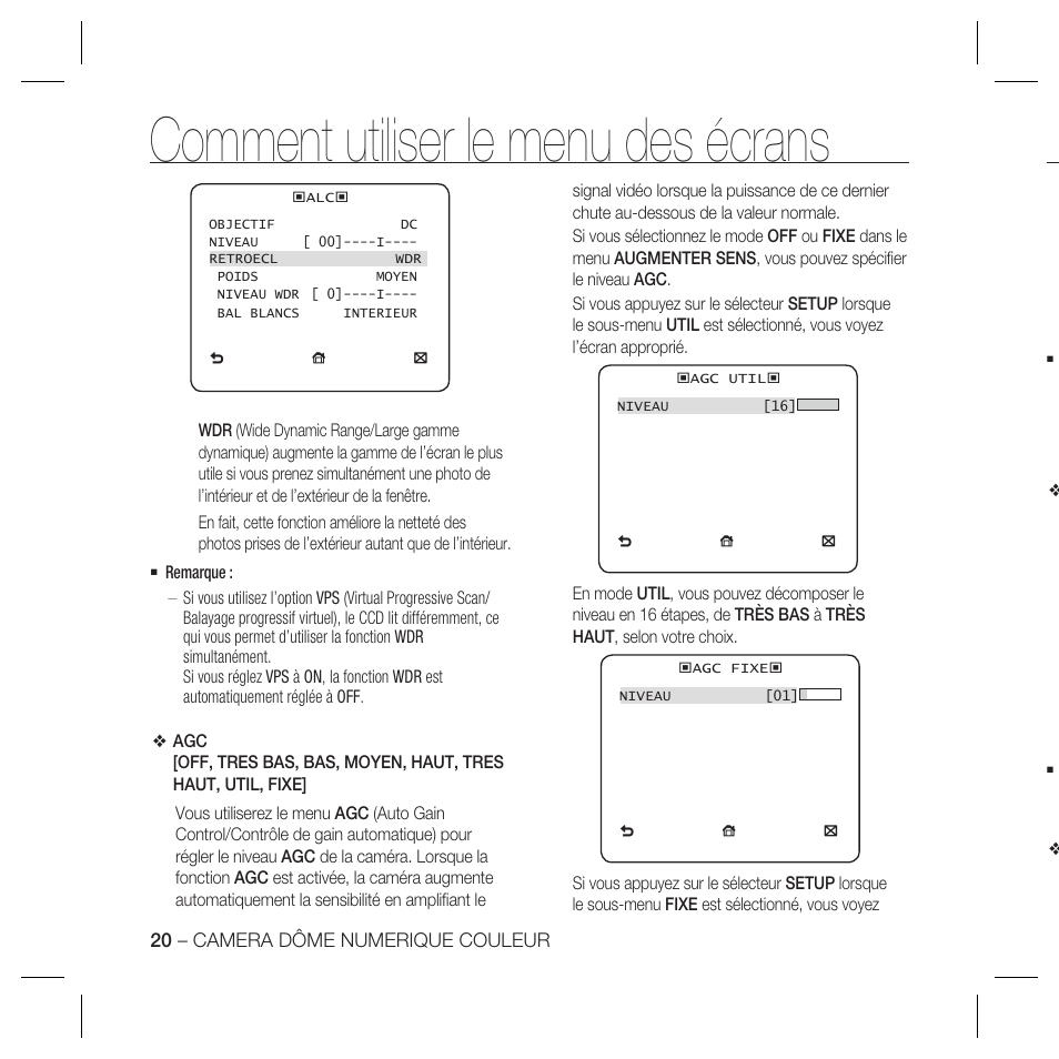 Comment utiliser le menu des écrans | Samsung DOME SCC-B5369 User Manual | Page 56 / 146