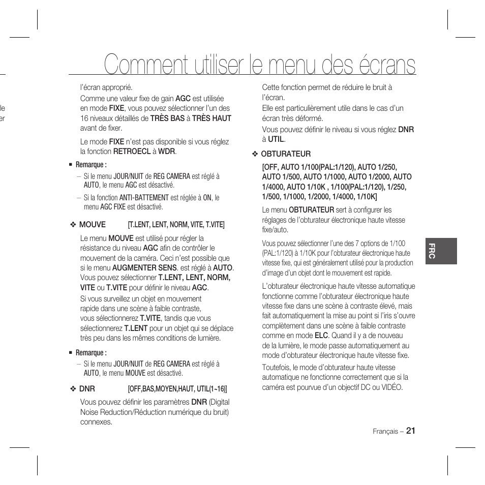 Comment utiliser le menu des écrans | Samsung DOME SCC-B5369 User Manual | Page 57 / 146