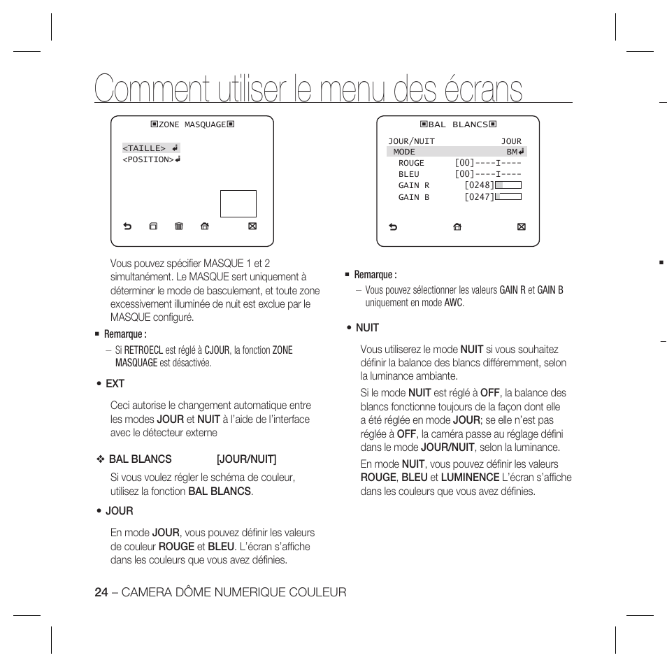 Comment utiliser le menu des écrans | Samsung DOME SCC-B5369 User Manual | Page 60 / 146