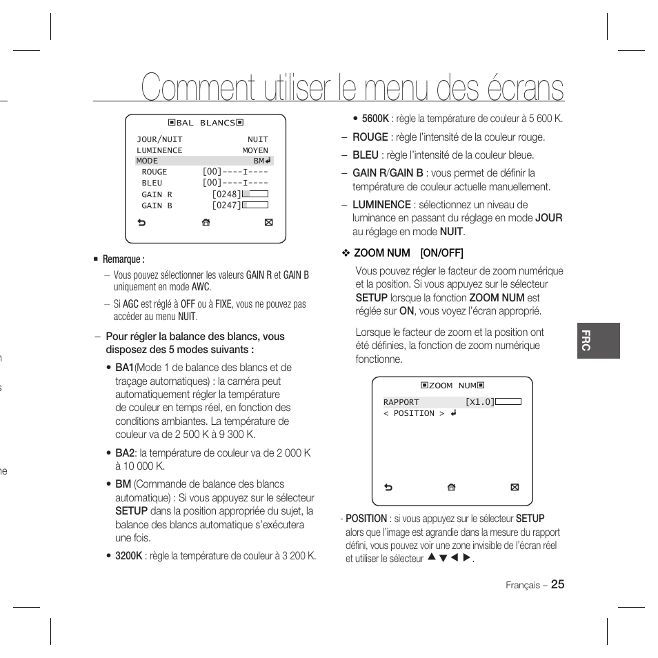 Comment utiliser le menu des écrans | Samsung DOME SCC-B5369 User Manual | Page 61 / 146