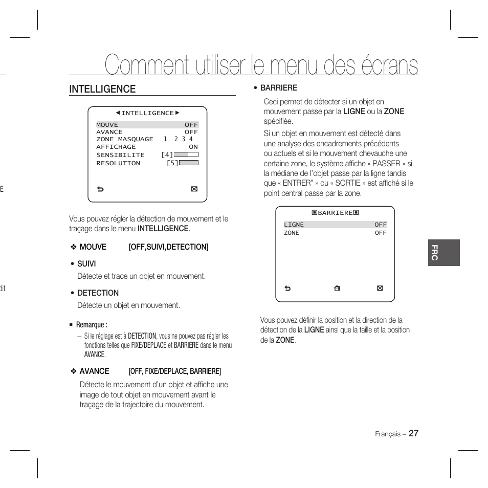Comment utiliser le menu des écrans, Intelligence | Samsung DOME SCC-B5369 User Manual | Page 63 / 146