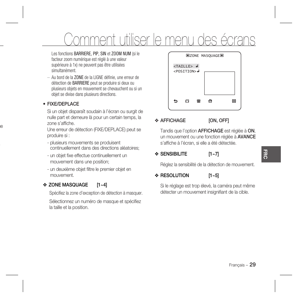 Comment utiliser le menu des écrans | Samsung DOME SCC-B5369 User Manual | Page 65 / 146