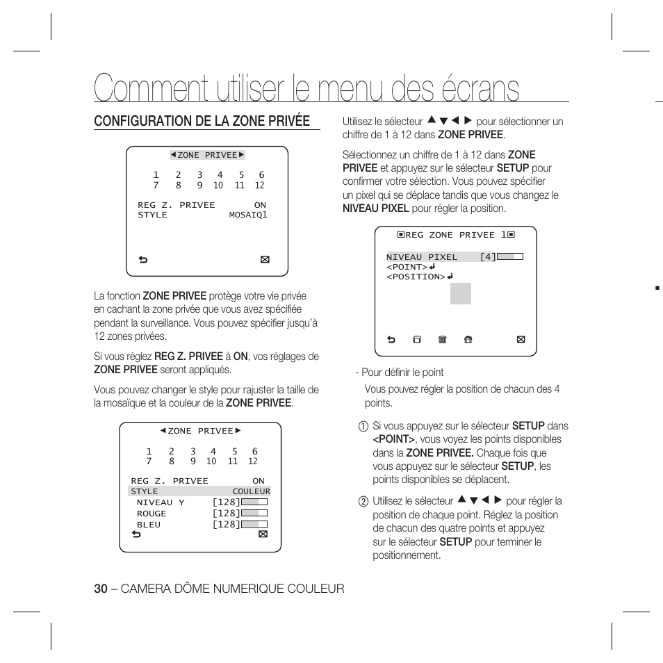 Comment utiliser le menu des écrans, Configuration de la zone privée, Cdef | Samsung DOME SCC-B5369 User Manual | Page 66 / 146