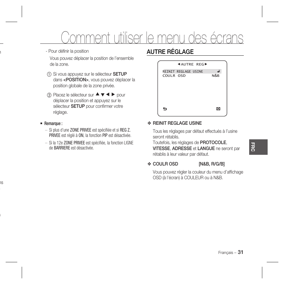 Comment utiliser le menu des écrans, Autre réglage | Samsung DOME SCC-B5369 User Manual | Page 67 / 146