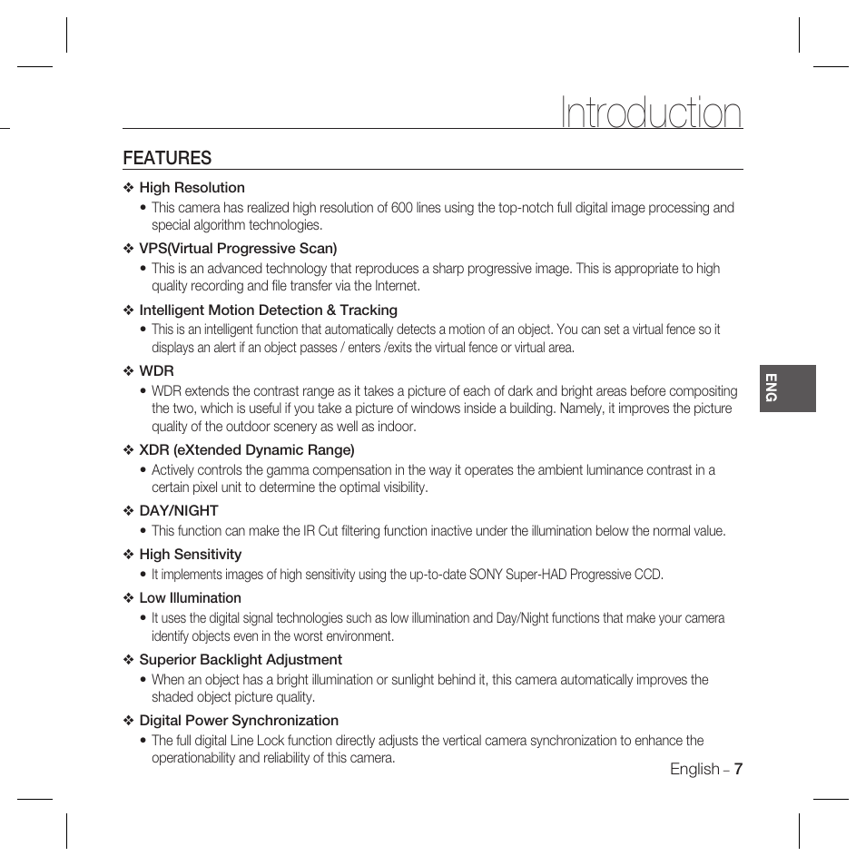 Introduction, Features | Samsung DOME SCC-B5369 User Manual | Page 7 / 146