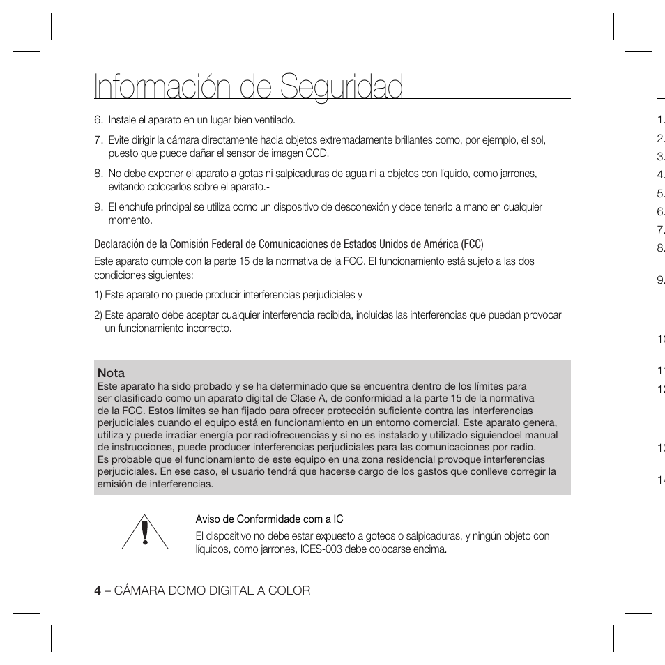 Información de seguridad | Samsung DOME SCC-B5369 User Manual | Page 77 / 146