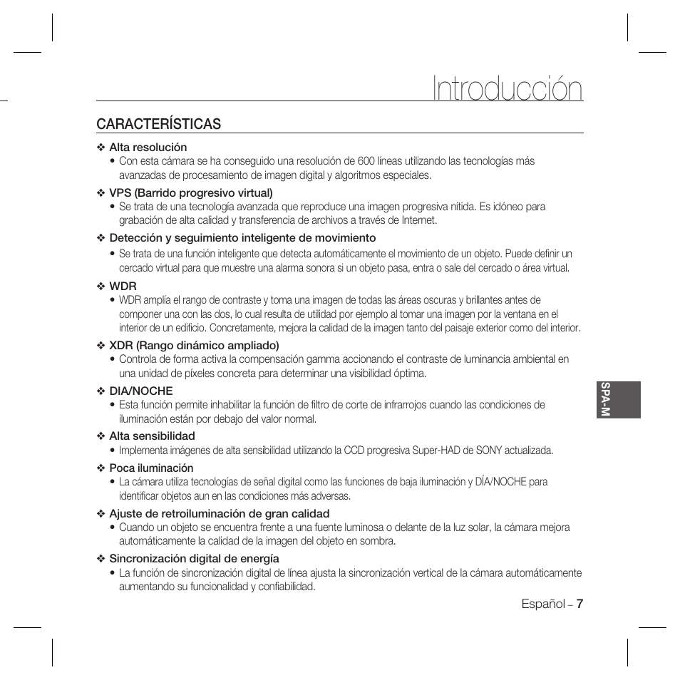 Introducción, Características | Samsung DOME SCC-B5369 User Manual | Page 80 / 146