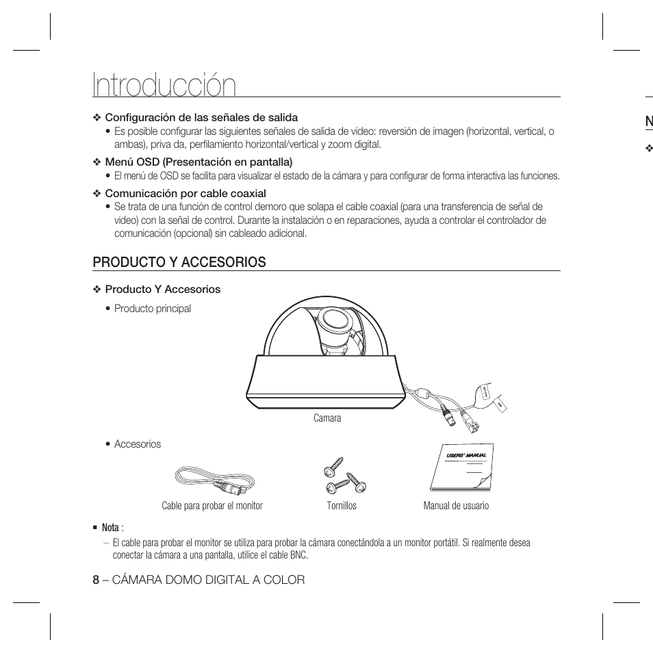 Introducción, Producto y accesorios | Samsung DOME SCC-B5369 User Manual | Page 81 / 146