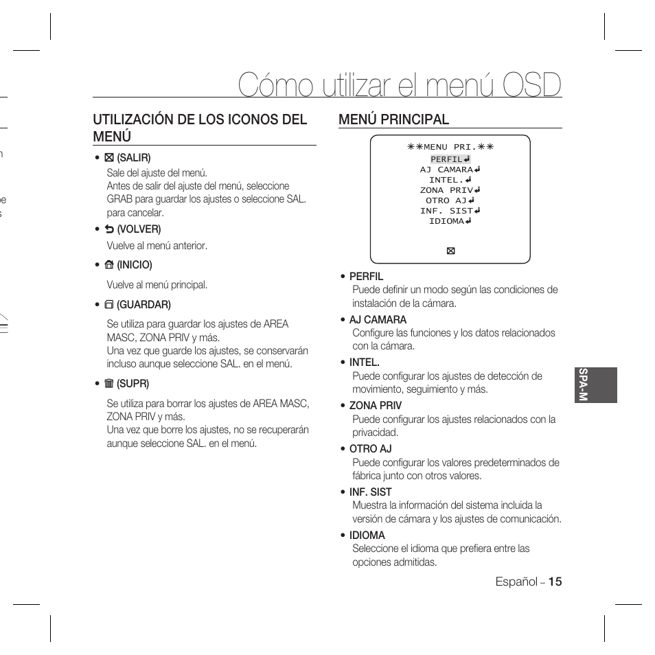 Cómo utilizar el menú osd, Utilización de los iconos del menú, Menú principal | Samsung DOME SCC-B5369 User Manual | Page 88 / 146