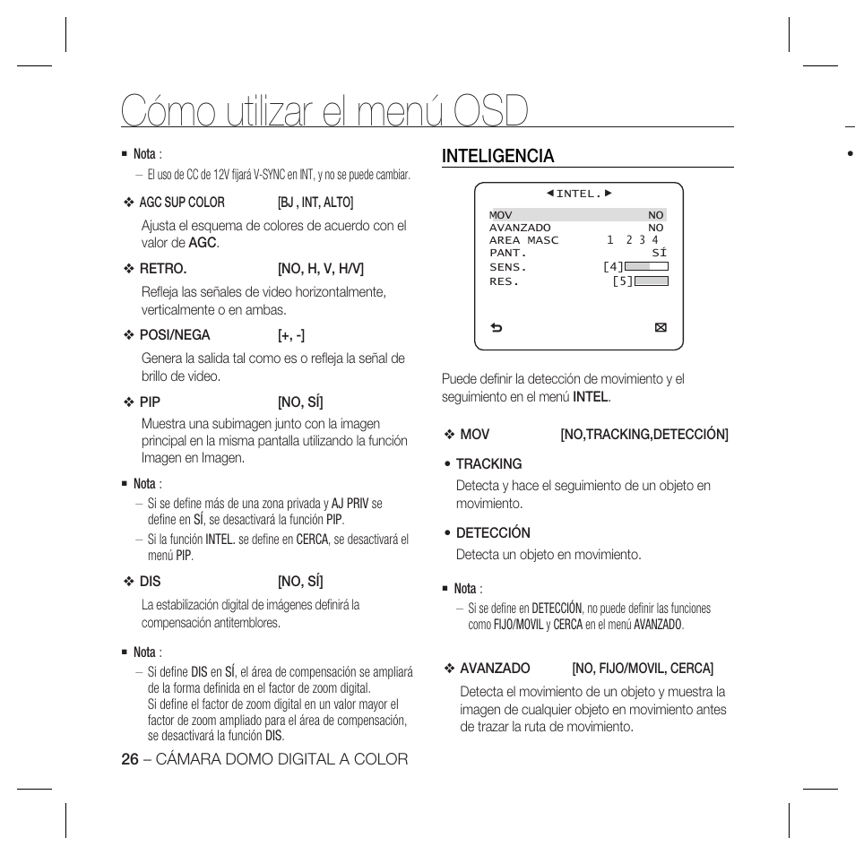 Cómo utilizar el menú osd, Inteligencia | Samsung DOME SCC-B5369 User Manual | Page 99 / 146