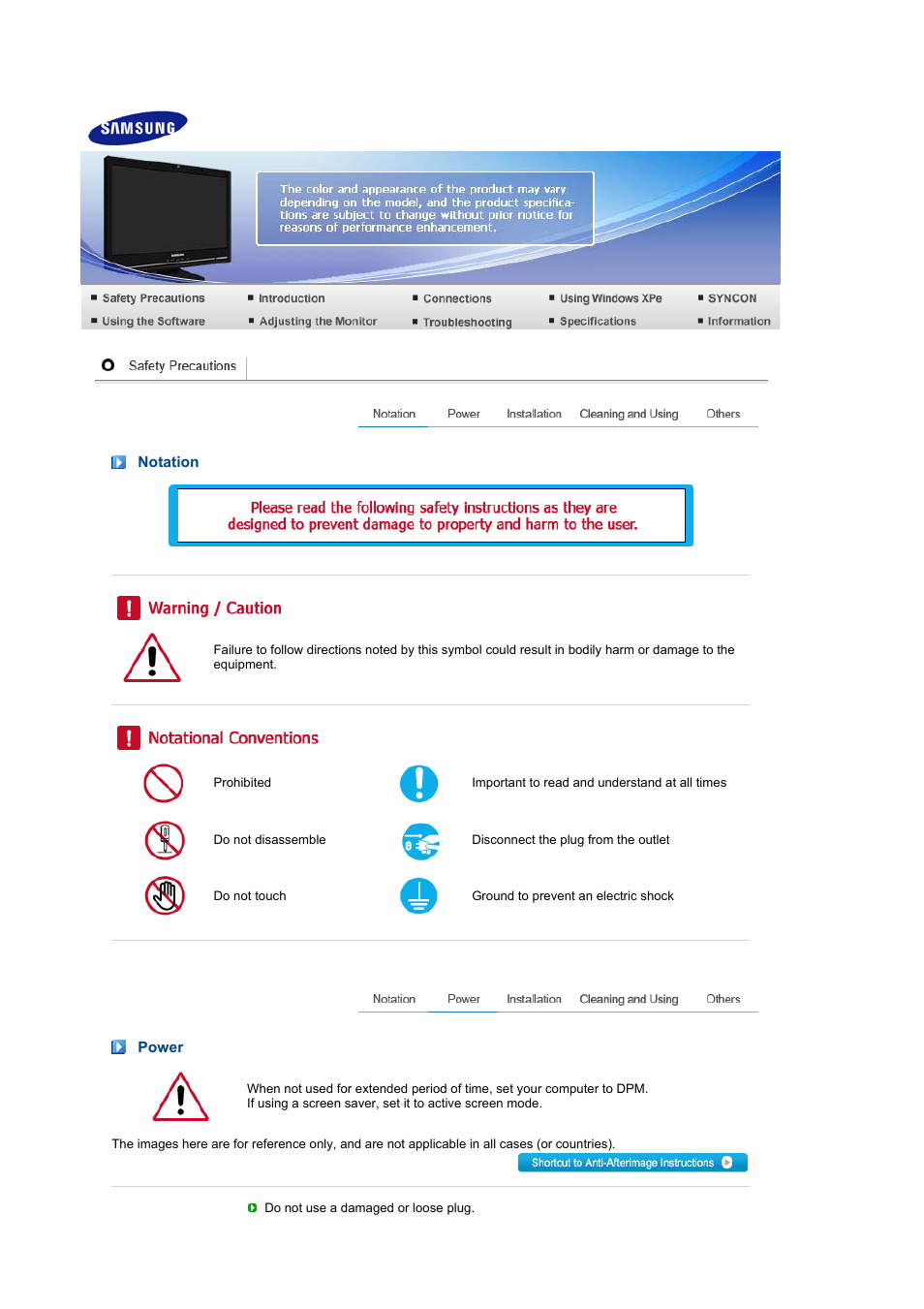 Notation, Power | Samsung 220TN User Manual | Page 2 / 94