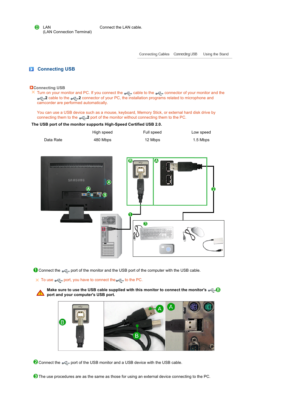 Connecting usb, Using the stand | Samsung 220TN User Manual | Page 21 / 94