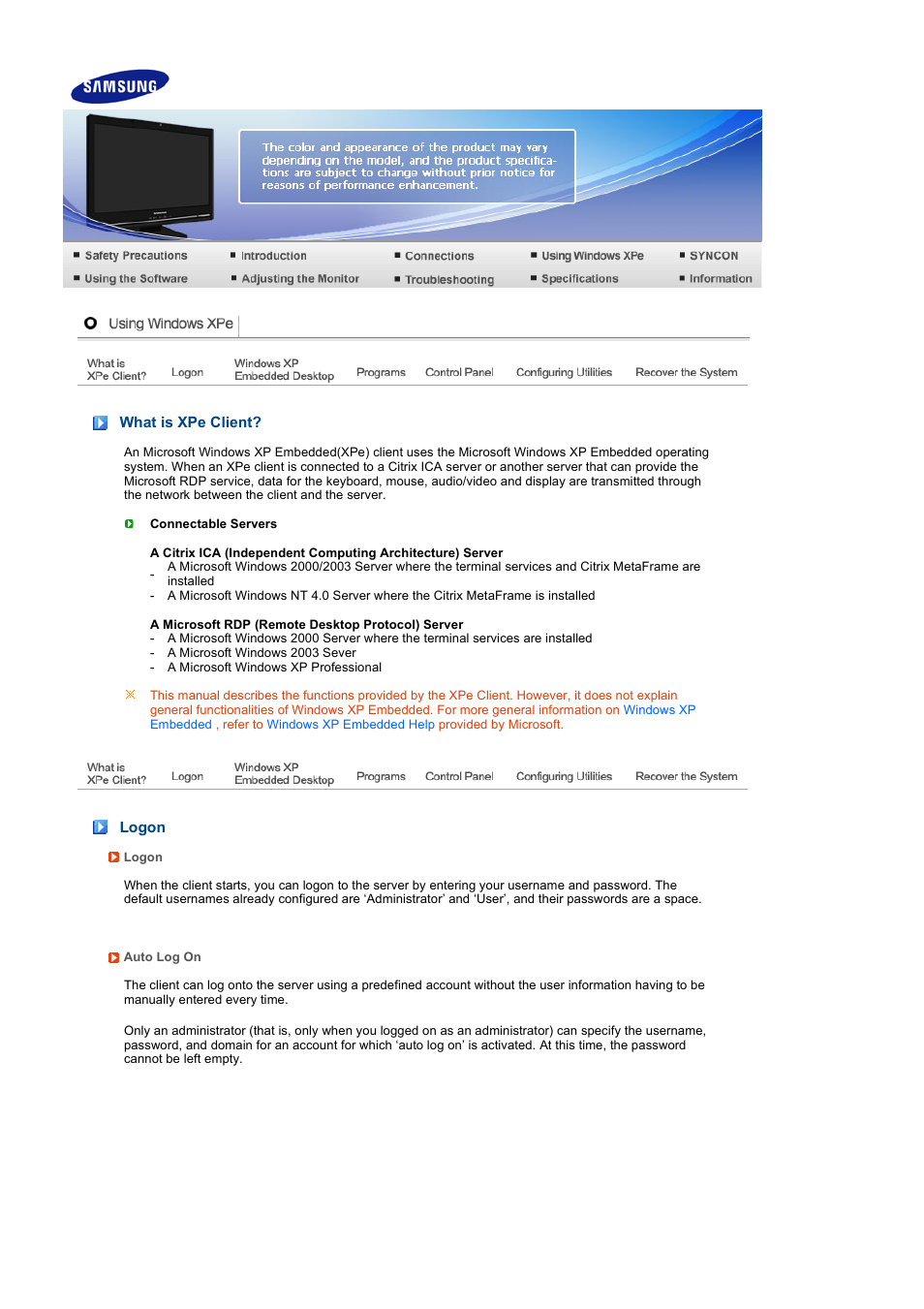Using windows xpe, What is xpe client, Logon | Samsung 220TN User Manual | Page 24 / 94