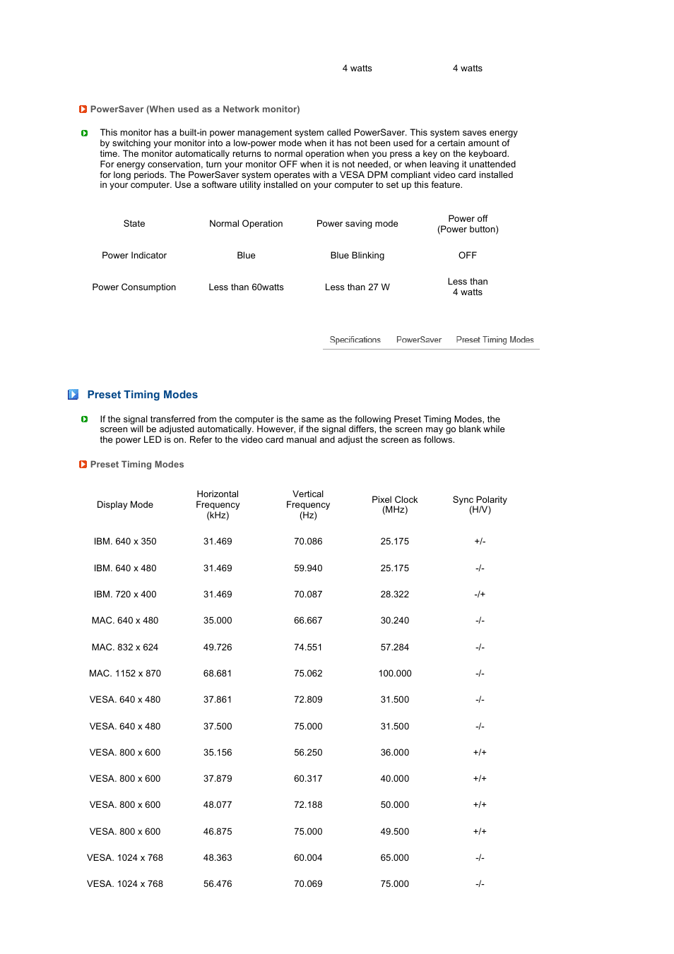 Preset timing modes | Samsung 220TN User Manual | Page 89 / 94