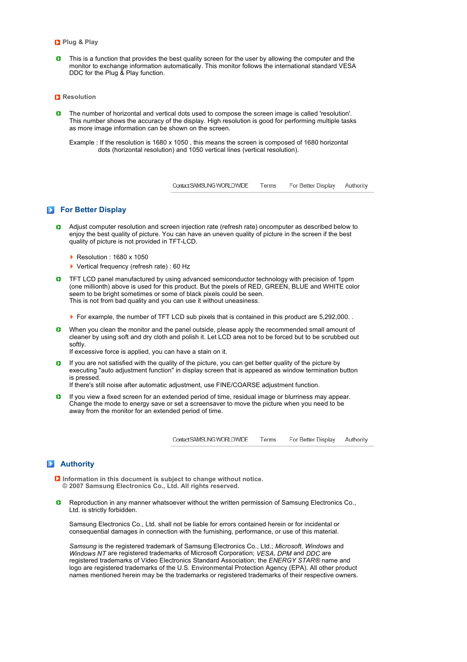 For better display, Authority | Samsung 220TN User Manual | Page 94 / 94