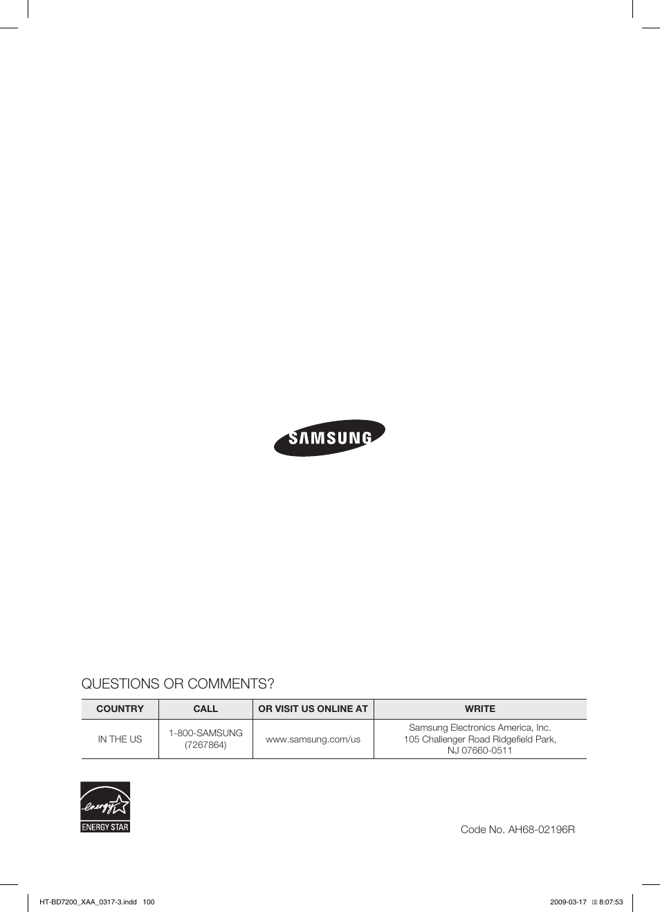 Questions or comments | Samsung HT-BD7200 User Manual | Page 100 / 100