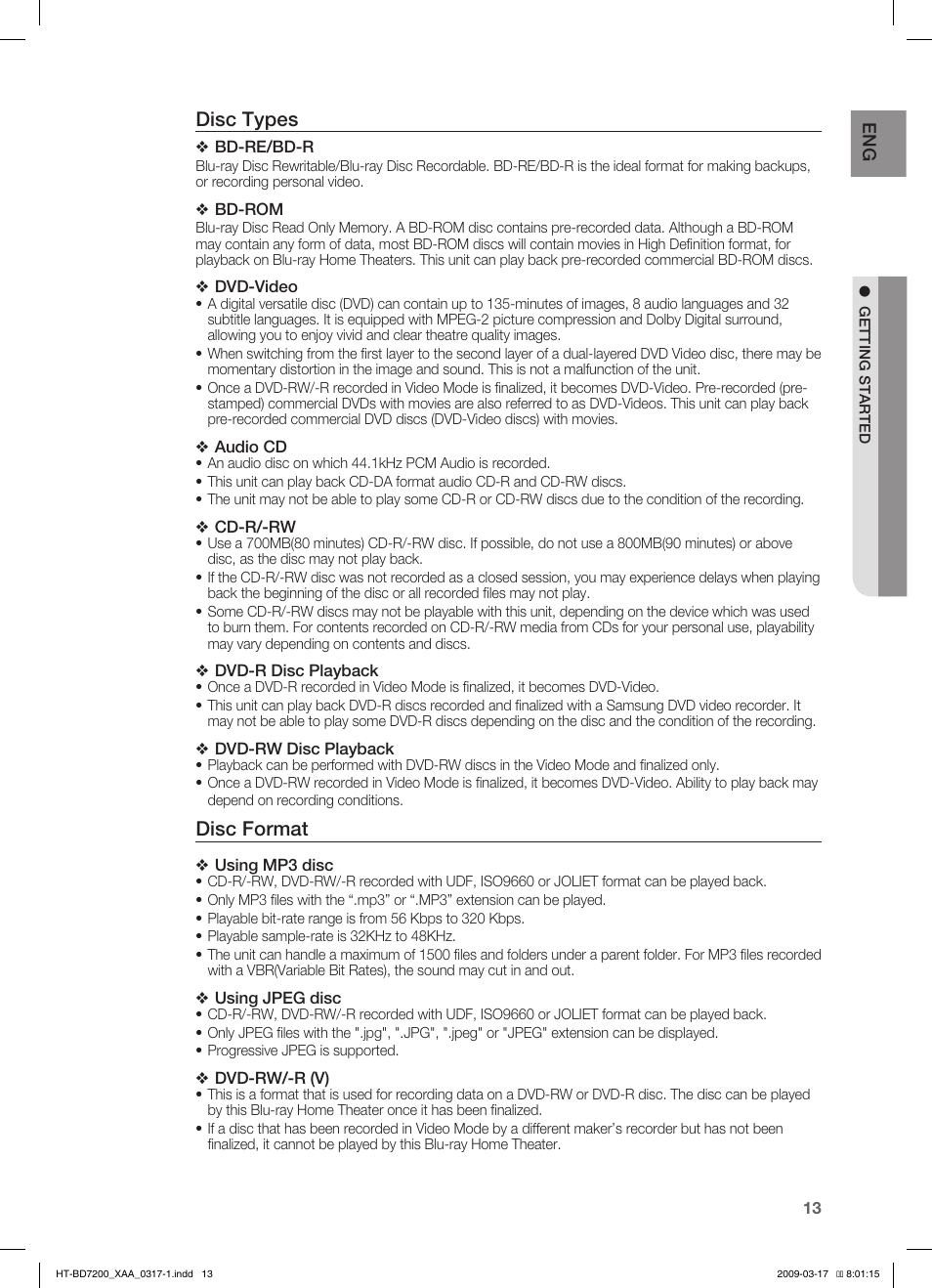Disc types, Disc format | Samsung HT-BD7200 User Manual | Page 13 / 100