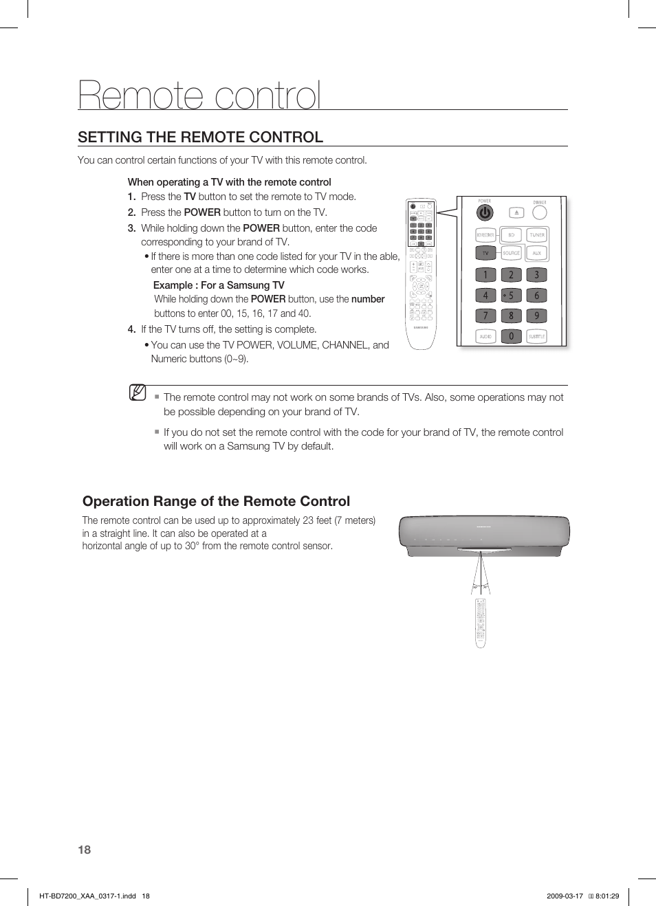 Remote control, Setting the remote control | Samsung HT-BD7200 User Manual | Page 18 / 100