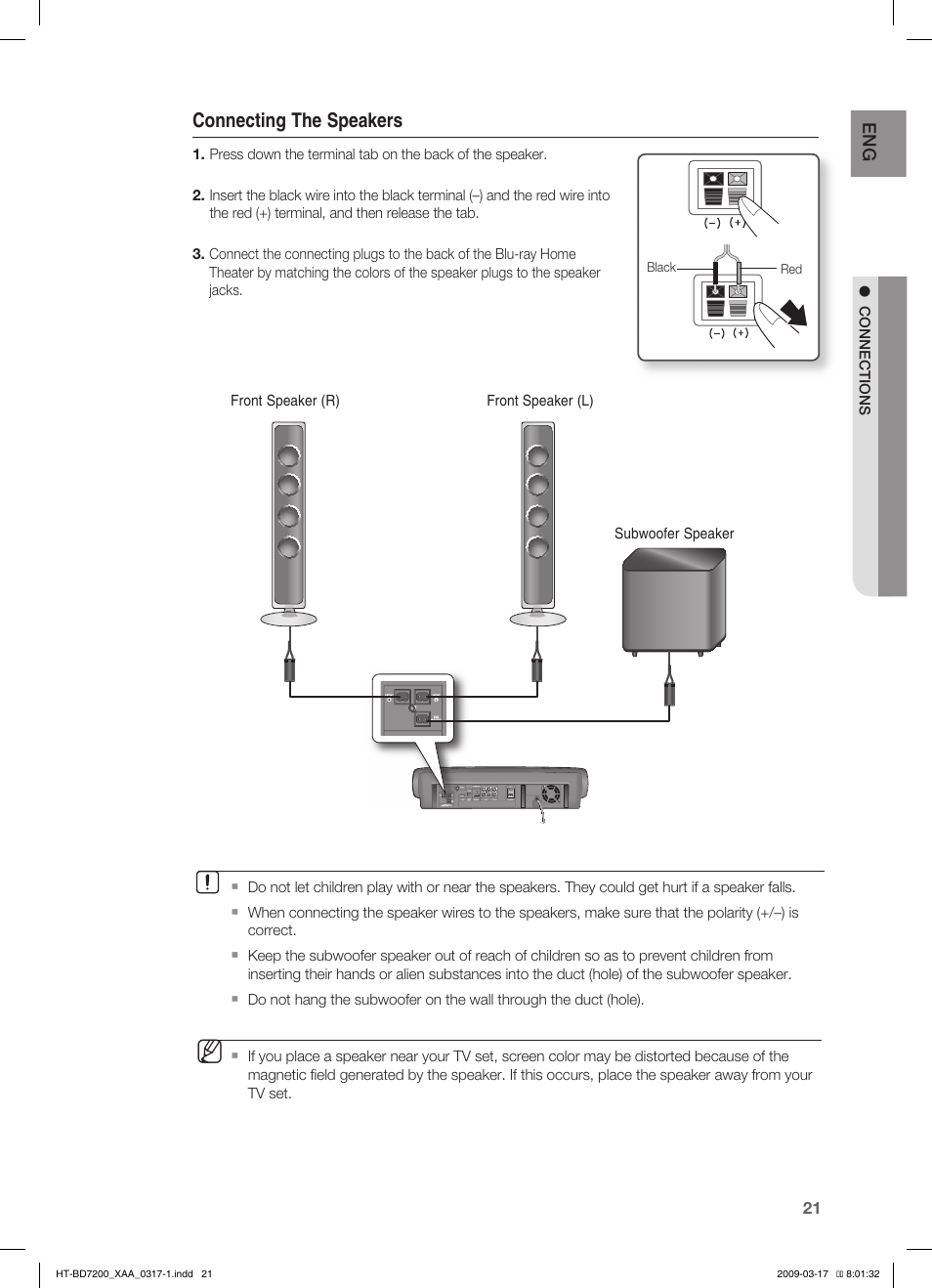 Connecting the speakers | Samsung HT-BD7200 User Manual | Page 21 / 100