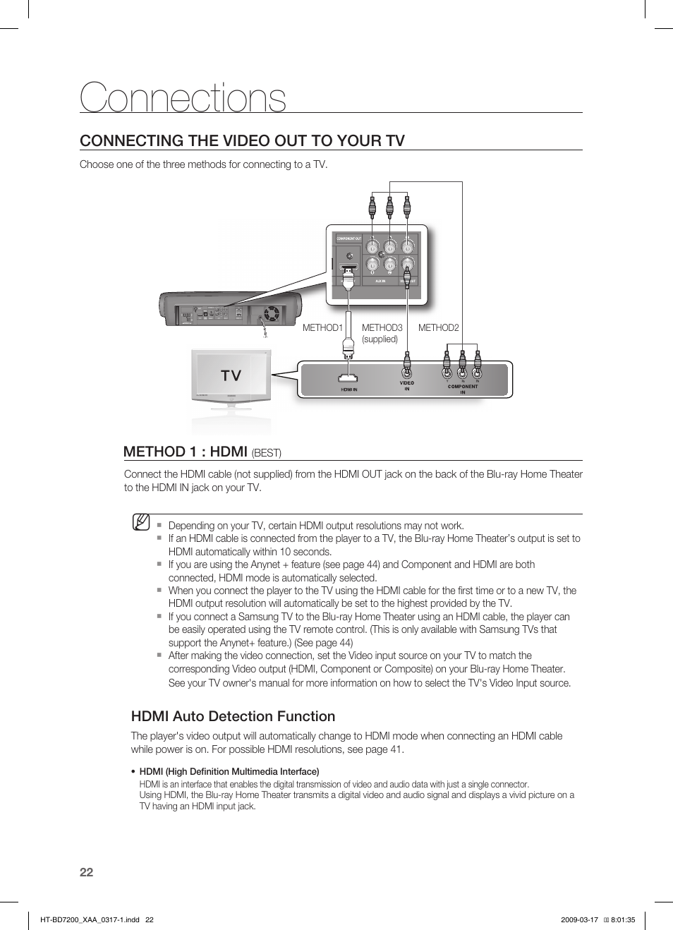 Connecting the video out to your tv, Connections | Samsung HT-BD7200 User Manual | Page 22 / 100