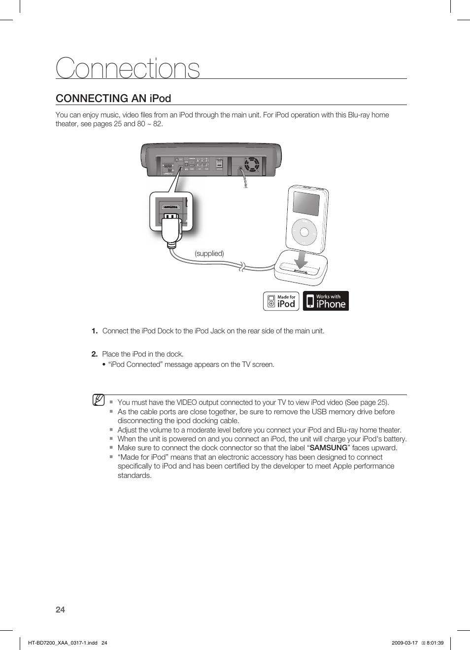 Connecting an ipod, Connections | Samsung HT-BD7200 User Manual | Page 24 / 100