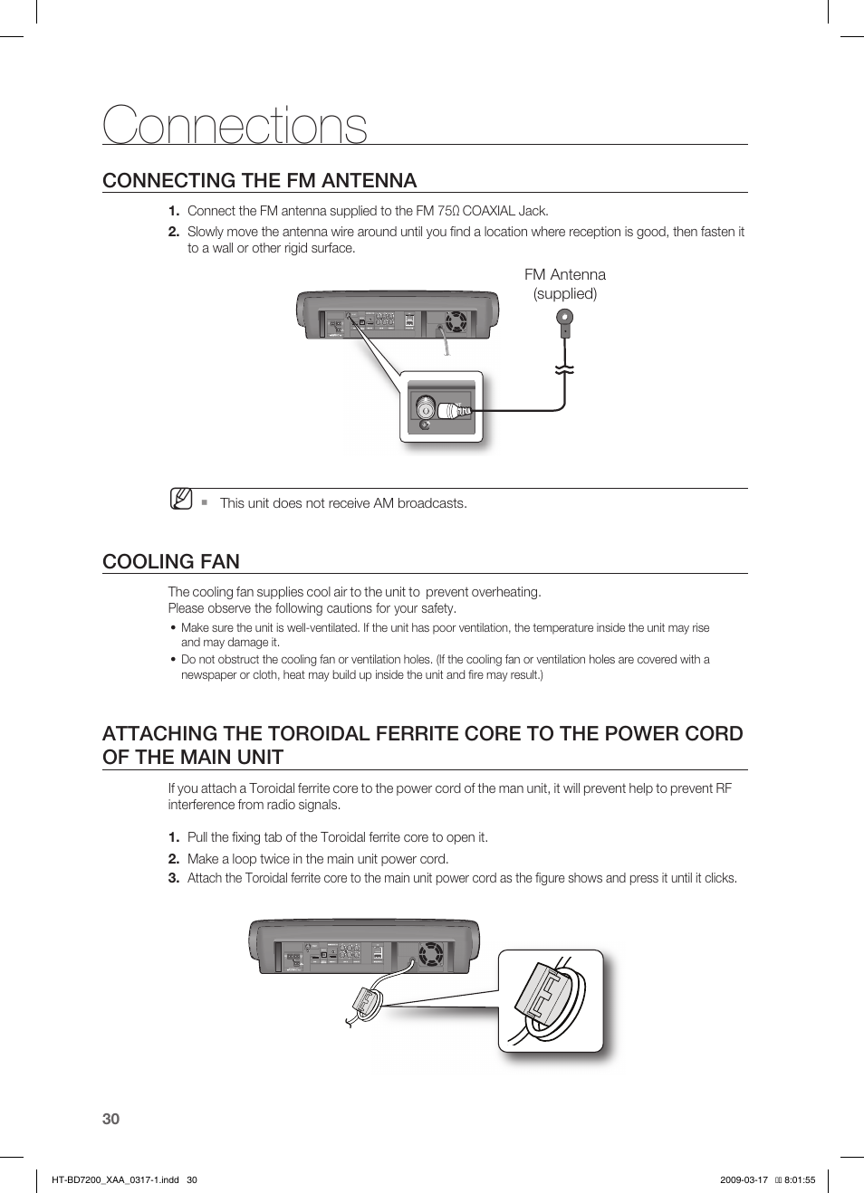 Connecting the fm antenna, Connections, Cooling fan | Samsung HT-BD7200 User Manual | Page 30 / 100