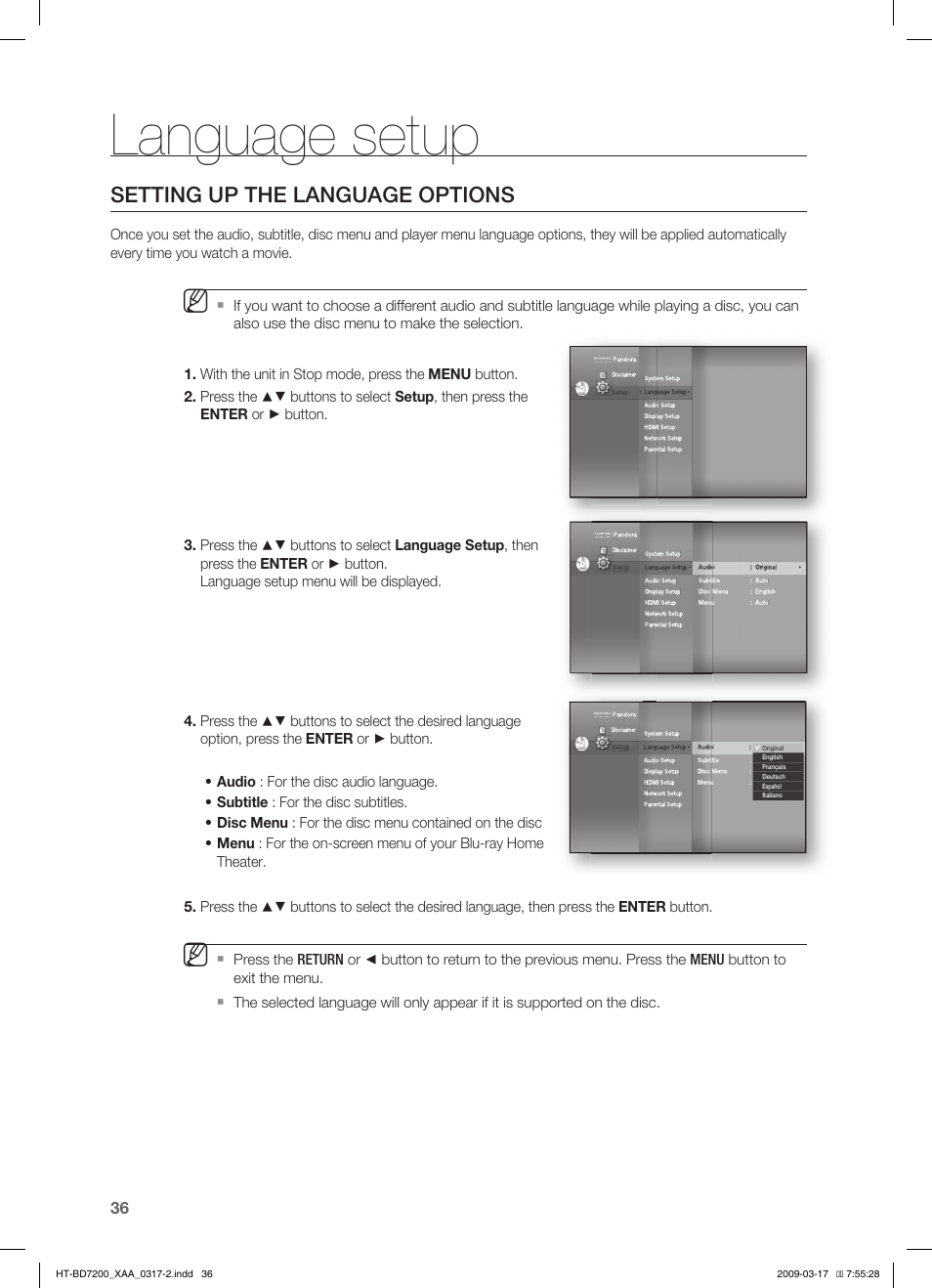 Language setup, Setting up the language options | Samsung HT-BD7200 User Manual | Page 36 / 100