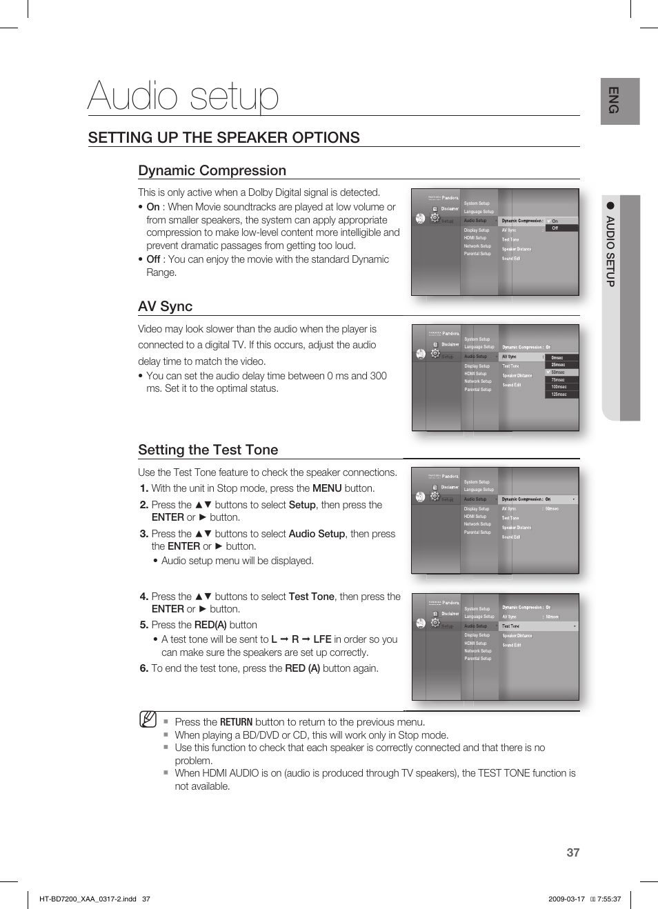 Audio setup, Setting up the speaker options, Dynamic compression | Av sync, Setting the test tone | Samsung HT-BD7200 User Manual | Page 37 / 100