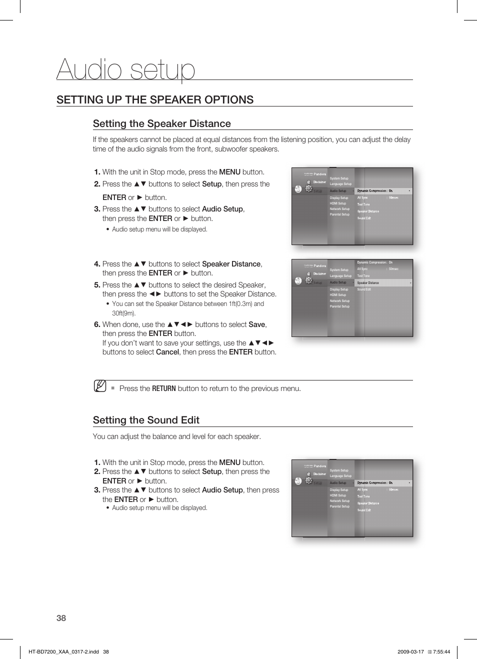 Audio setup, Setting up the speaker options, Setting the speaker distance | Setting the sound edit, Audio setup menu will be displayed | Samsung HT-BD7200 User Manual | Page 38 / 100
