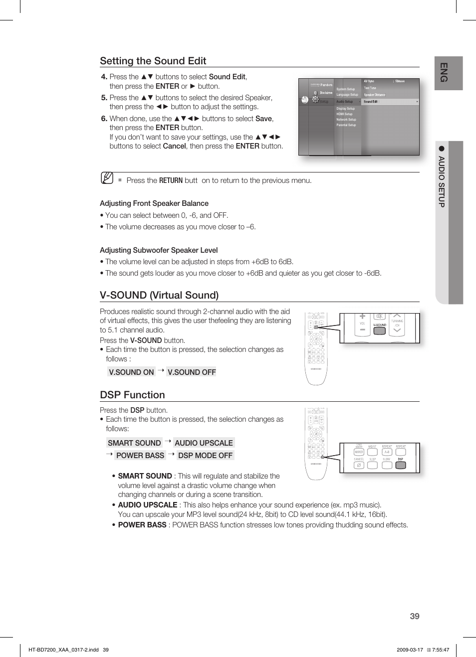 V-sound (virtual sound), Dsp function, Setting the sound edit | Samsung HT-BD7200 User Manual | Page 39 / 100