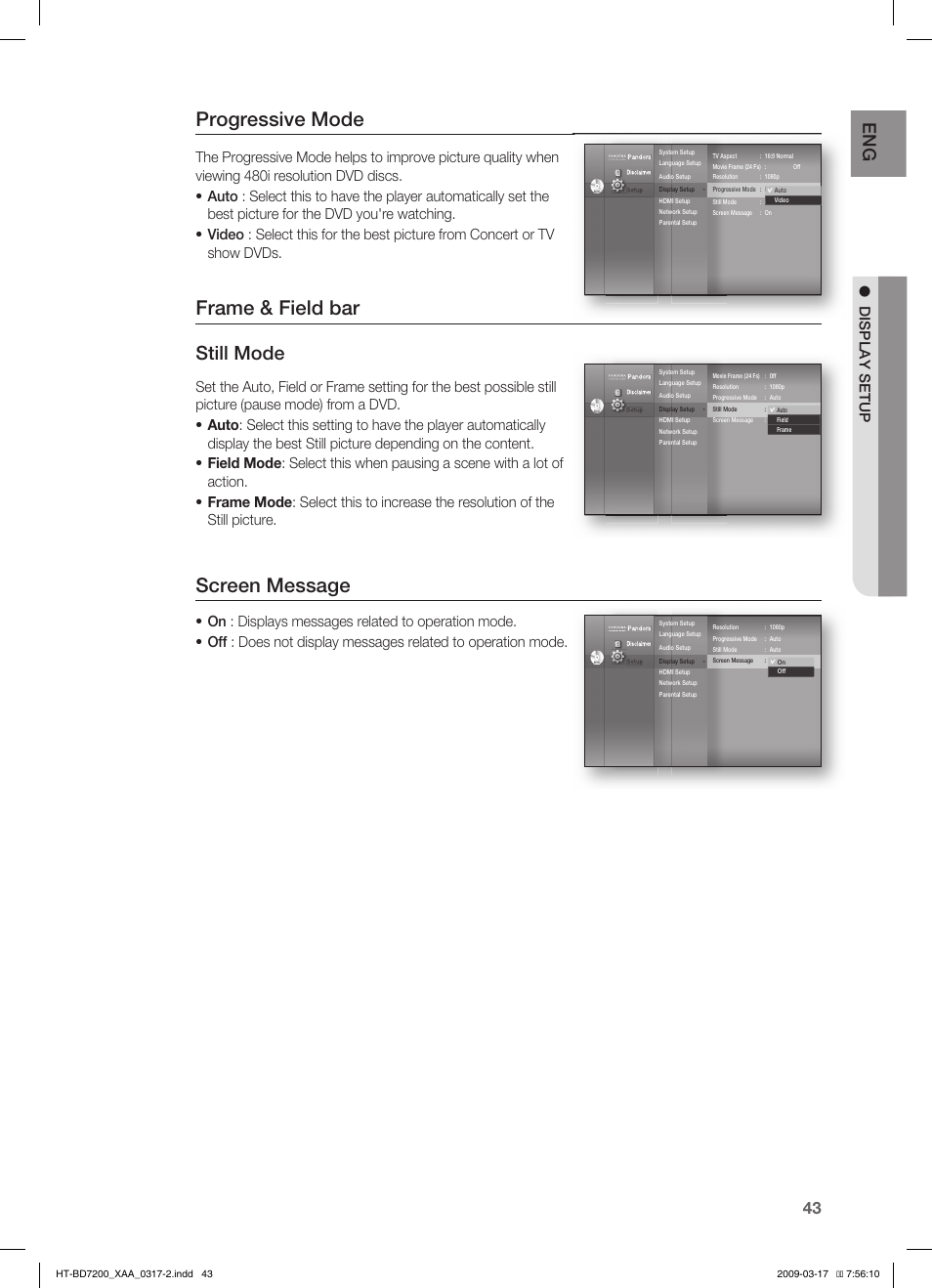 Progressive mode, Frame & field bar, Screen message | Still mode, Display setup | Samsung HT-BD7200 User Manual | Page 43 / 100