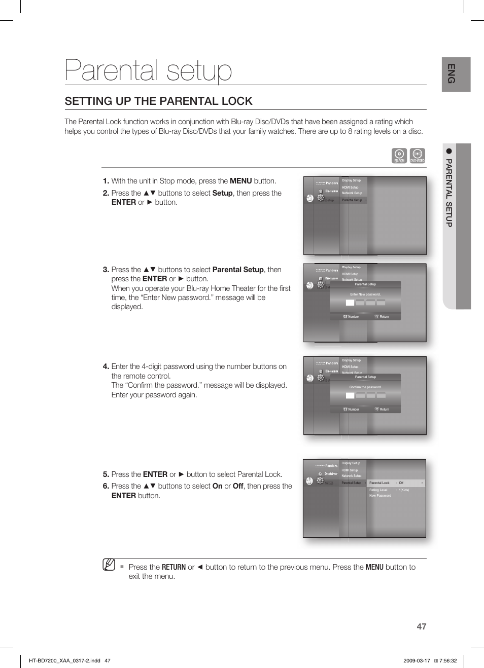 Parental setup, Setting up the parental lock | Samsung HT-BD7200 User Manual | Page 47 / 100