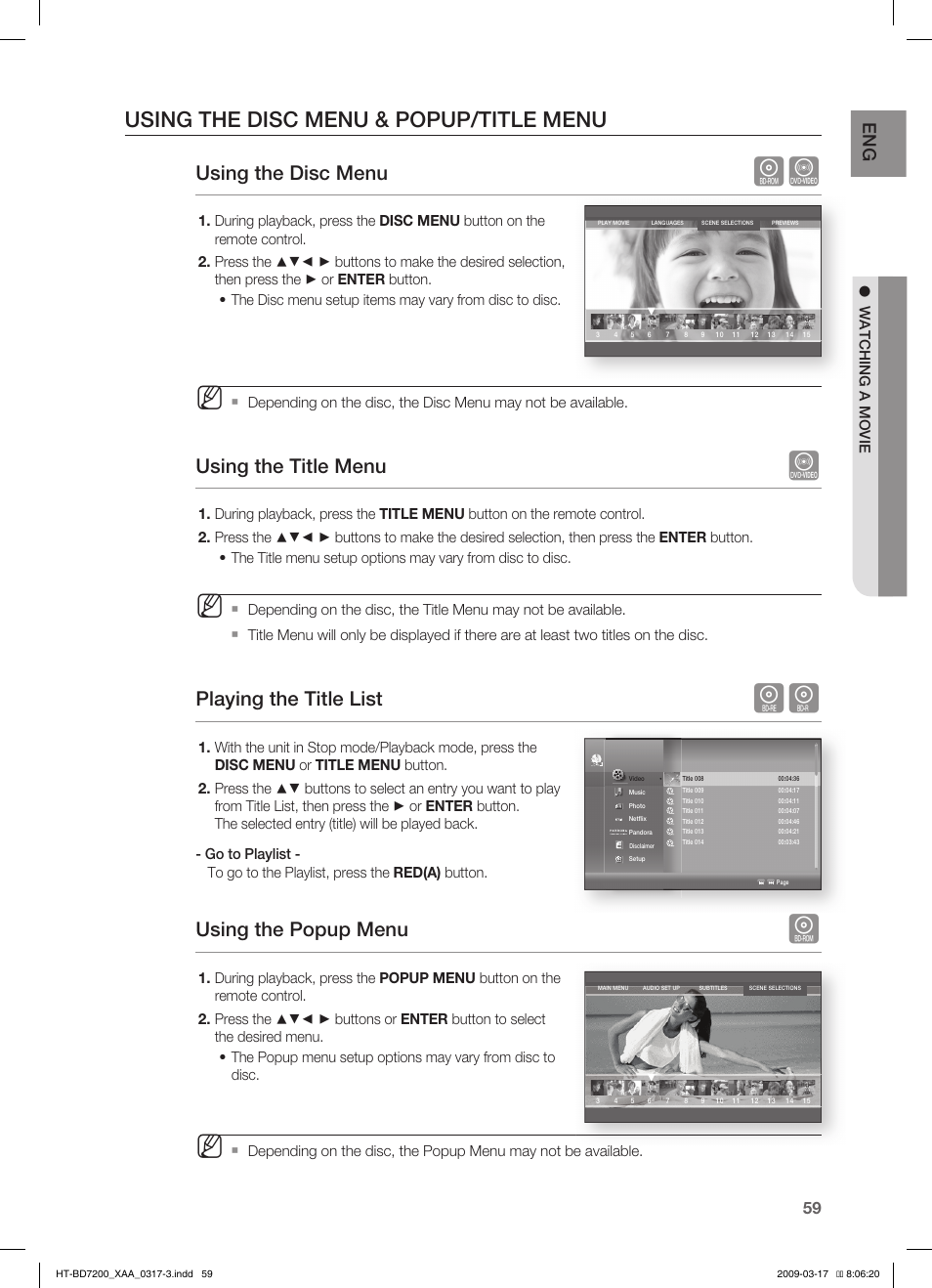 Using the disc menu & popup/title menu, Using the disc menu, Using the title menu | Playing the title list, Using the popup menu, Watching a movie | Samsung HT-BD7200 User Manual | Page 59 / 100