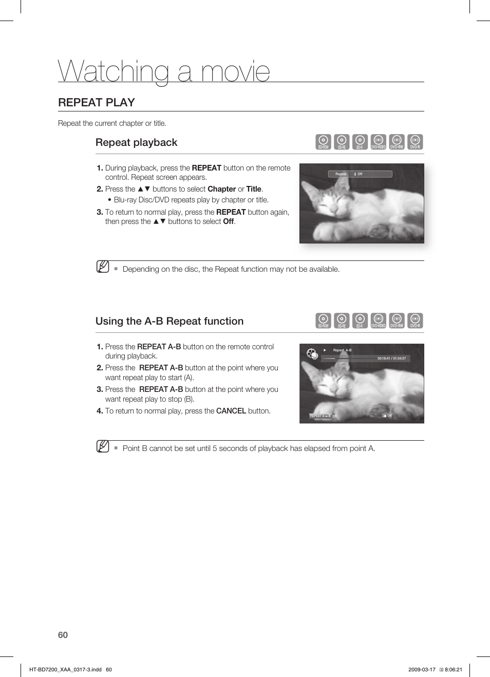 Watching a movie, Hgfzcv, Repeat play | Repeat playback, Using the a-b repeat function | Samsung HT-BD7200 User Manual | Page 60 / 100