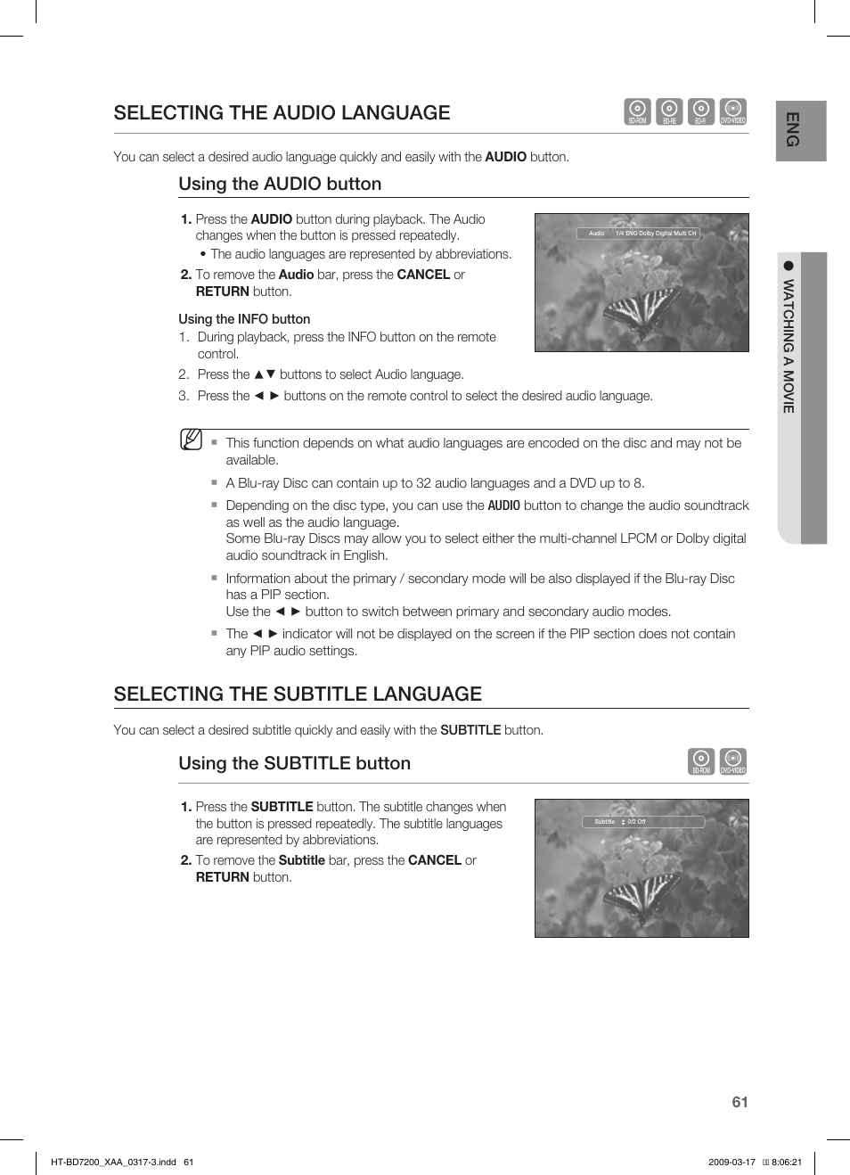 Hgfz, Selecting the audio language, Selecting the subtitle language | Using the audio button, Using the subtitle button | Samsung HT-BD7200 User Manual | Page 61 / 100
