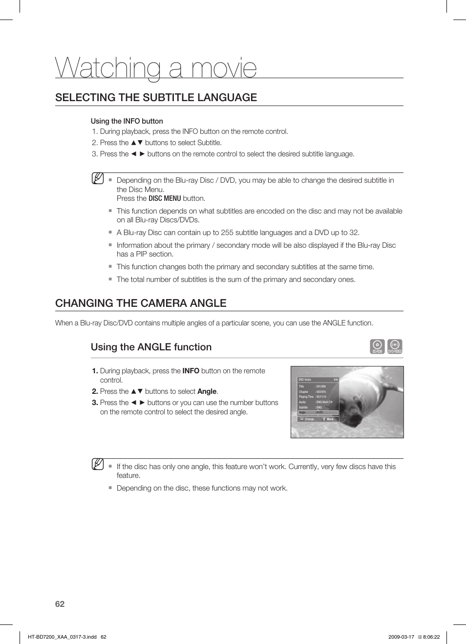 Watching a movie, Selecting the subtitle language, Changing the camera angle | Using the angle function | Samsung HT-BD7200 User Manual | Page 62 / 100