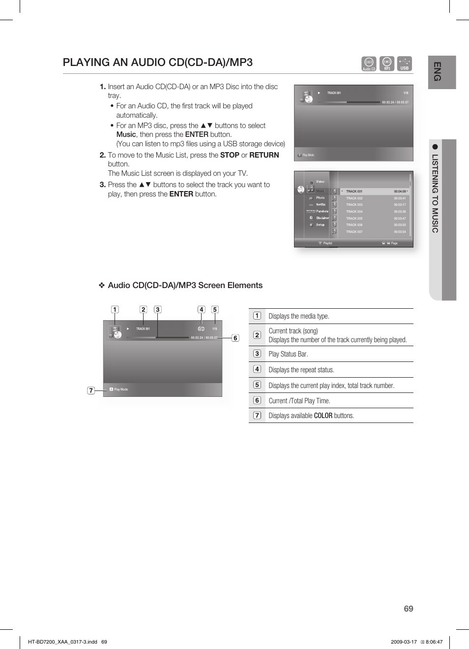 Playing an audio cd(cd-da)/mp3, Audio cd(cd-da)/mp3 screen elements, Listening to music | Samsung HT-BD7200 User Manual | Page 69 / 100