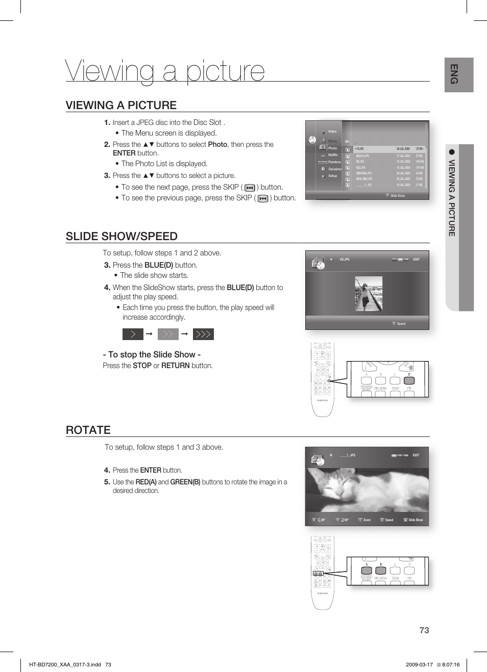 Viewing a picture, Slide show/speed, Rotate | Disc slot, The menu screen is displayed, The photo list is displayed, Press the stop or return button, Insert a jpeg disc into the, Press the, Buttons to select a picture | Samsung HT-BD7200 User Manual | Page 73 / 100