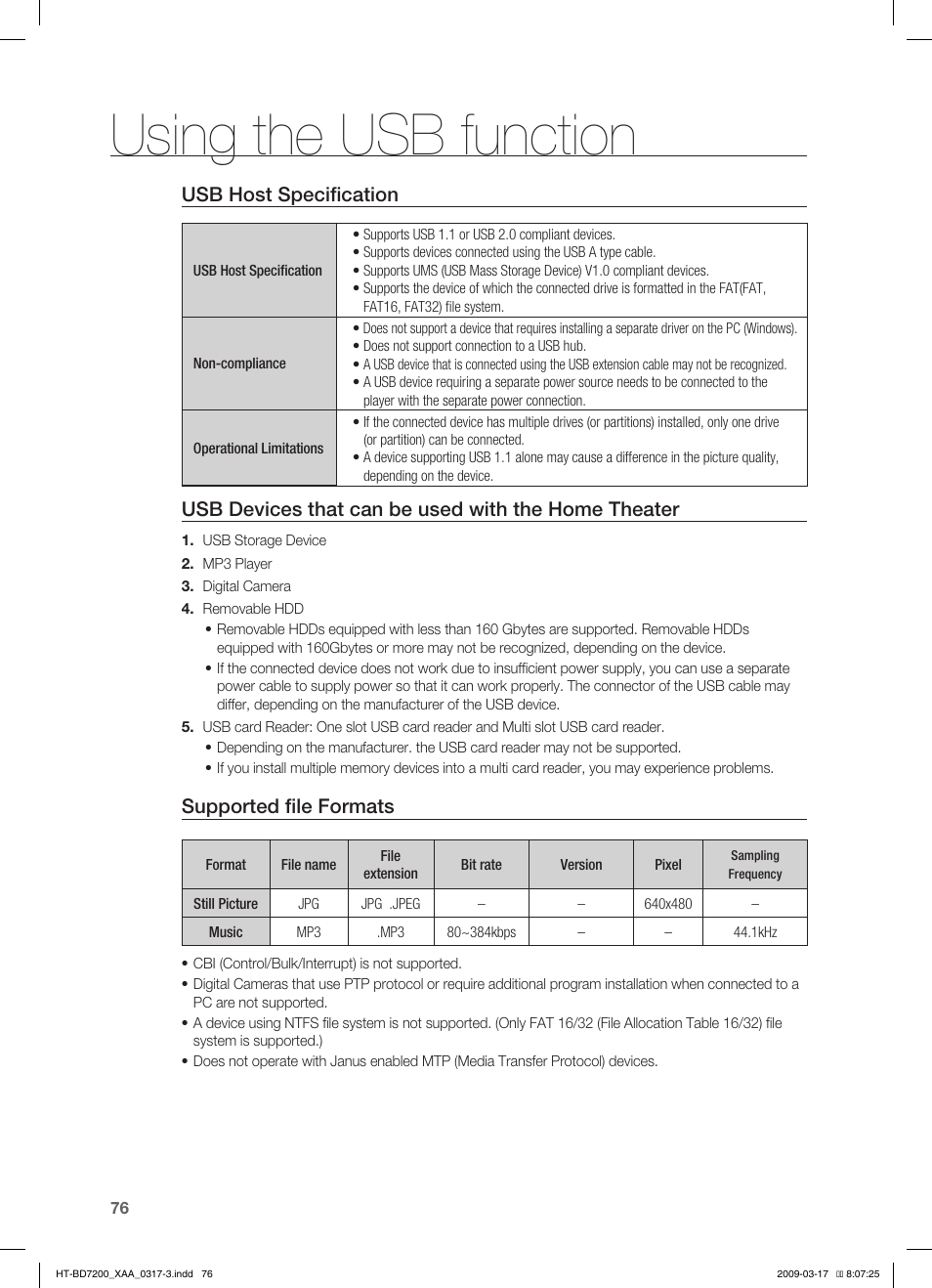 Using the usb function, Usb host specification, Usb devices that can be used with the home theater | Supported file formats | Samsung HT-BD7200 User Manual | Page 76 / 100